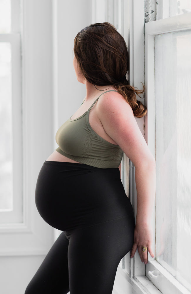 Side of seamless maternity and nursing bralette in color olive